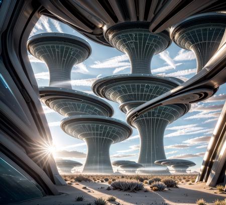 "A colossal futuristic research facility rising from a crystalline desert under a twilight sky, designed with intricate sci-fi architecture featuring illuminated corridors, layered metallic towers, holographic energy fields, massive observation windows, and bioengineered gardens integrated into the structure. The scene is alive with faint mist, scattered light reflections, and dynamic shadows. Emphasize hyper-realistic textures: brushed steel, frosted glass, organic flora merging with machine elements, all lit by surreal ambient lighting. Cinematic perspective, ultra-detailed environment, extreme realism, majestic atmosphere, immersive depth."