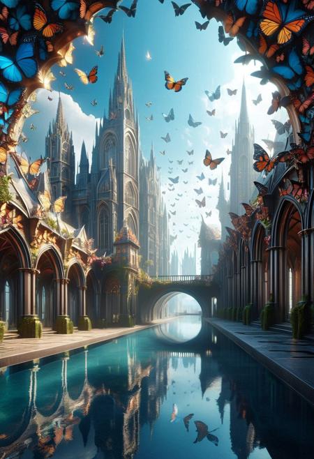 butterflyStyle,  A futuristic cityscape,  peaceful contemplation, reflective journey, crumbling, cinematic, organic shapes, breathtaking, dreamy, Gothic architecture, whimsical, harmonious blend
