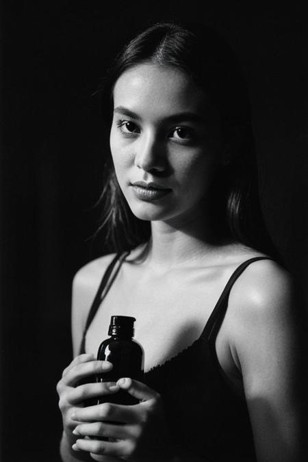 In a low-key style with the grainy texture of expired film, the photo offers a close-up view from above of a photo-realistic close-up medium shot of a beautiful girl's figure standing tall, depicted in full body, gently cradling a perfumed bottle. The attention to detail captures every nuance of the subject's features and attire, creating a lifelike representation that almost breathes with realism. Against the backdrop of vibrant neon signage, the scene comes alive with a juxtaposition of warmth and urban energy. The subject's expression exudes a sense of calm amidst the bustling cityscape. Bathed in the dim neon-colored light of a blacked-out large window showcasing the city's glowing neon signs, the scene is a captivating mix of dramatic shadows, a washed-out color palette, and a shadowy ambiance reminiscent of a Kodak Portra 800 night shot.