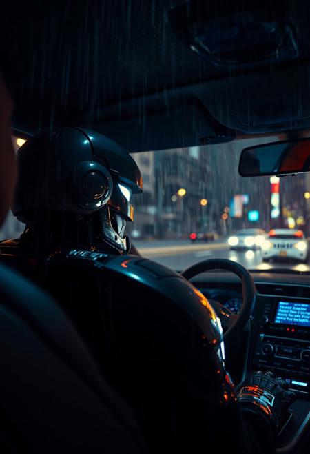 masterpiece, ultra-HD, cinematic lighting, photorealistic, impressionism, high detail, dramatic lighting, best quality, very aesthetic, 8k, cyber_art_style,
robocop sitting in his police car, watching a show on a tiny lcd screen in the console while it rains in the dystopian detroit night outside. view from over his shoulder, dramatic night light, lit by blue light from console, expressionless face,