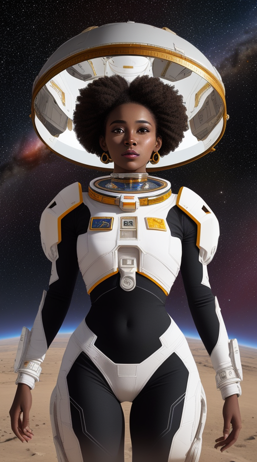 Halo, Space War, Space armor, A remarkable African woman whose presence radiates with cosmic brilliance. She is adorned in...