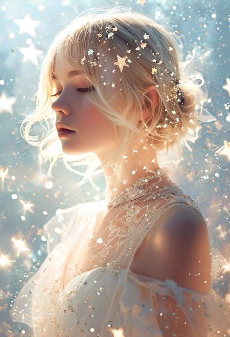ethereal fantasy concept art, fantasy artwork, intricate artwork, sketch, minimalism, clear lines, (double exposure:1.2), (close-up portrait:1.2), 1girl, short blonde hair, (extremely luminous translucent:1.2), (white sleeveless dress, silhouette), (stars, floral pattern decoration, glowing effect:1.2), magnificent, celestial, ethereal, painterly, epic, majestic, magical, fantasy art, cover art, dreamy, elegant