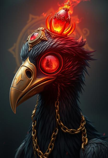 dark fantasy style art, style of molecular, glowing runic symbols background, very dark surroundings, side view, cursed gem on top of the head that radiating energy, scary, realistic and authentic feathers, wet feathers, golden ornate detailed beak, shiny beak, bird's neck is covered in detailed chains, in his extremely big and clear eyeballs, bigger eyes, unrealistically huge eyes, closer view on eyes, red scene with a forest burning inside the eye's reflection, UHD, trending on artstation,