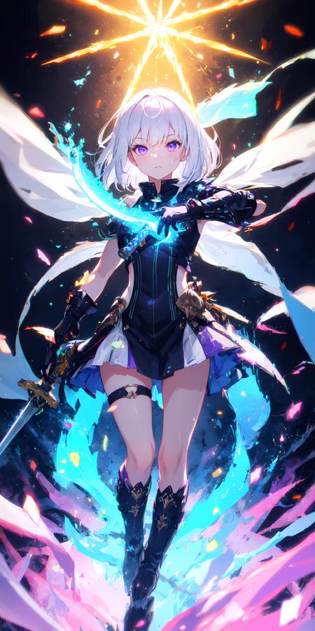 colorful, 1girl, white hair, purple eyes, dual wielding, sword, holding sword, blue flames, glow, glowing weapon, light particles, wallpaper, chromatic aberration,