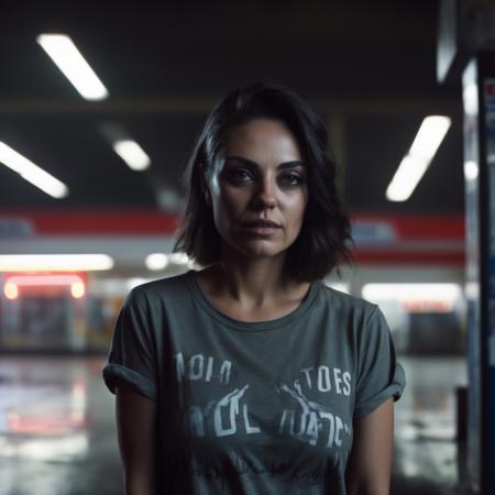 closeup of (ohwx woman) in a Ghostly Gas Stations , wearing a t-shirt, <lora:kunis_lora_sdxl_v2-000006:1>, dark atmosphere,