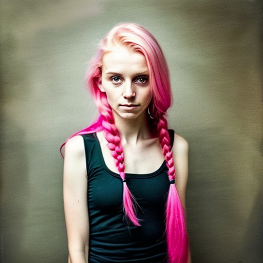 youth Slavic woman with pink hair, very long hair, hairstyle, with natural light from top right