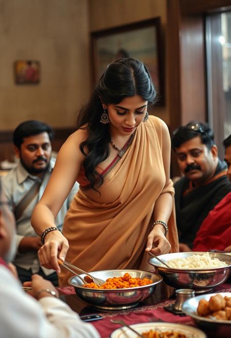 Busy desi woman wearing saree without blouse, serving food to multiple Indian men at dining table, leaning forward, saggy boobs, big boobs, dark nipples, woman looks like Kareena Kapoor