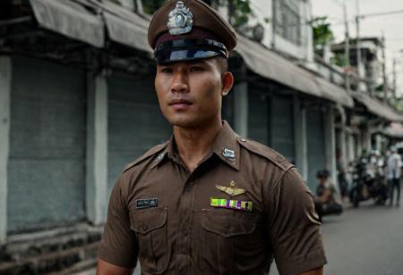 cinematic still of 30 year old handsome muscular Thai man in brown police uniform and hat, standing in Bangkok streets, highly detailed, intricate details, shallow field of depth, cinematic lighting