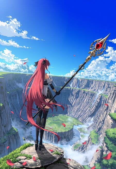 pixiv,masterpiece,
1girl,girl with long hair, fantasy,
A fantasy-style anime girl with long flowing red hair stands at the edge of a high cliff, overlooking a massive crater or canyon filled with mist and water. She holds a long, ornate staff with a red crystal at the end and golden decorative details. The girl wears a black and white outfit with gloves and high boots, and a black ribbon ties part of her hair. Her back is turned to the viewer, creating a dramatic and mysterious feeling. The sky is bright and clear with scattered clouds, and the surrounding landscape is a mix of rocky cliffs and lush green grass. Red petals or magical energy swirl slightly in the air near her feet, adding a sense of motion and fantasy.