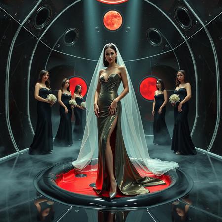 high-society elegant slender norvegian  rich   innocent young bride wearing   glossy silver high heels and glossy transparent slime  high slit wedding gown with matching long veil. She posing  in center of the floor hole, filled with glossy black slime, surrounded by arrogant ladies wearing glamour glossy black evening gowns and glossy high heels, leading her toward  weird glossy red foil breeding  bed, eerie fog that wafts up from the fleshy jelly floor, encased in light beam from the chamber celling, awaiting her alien master, strugging to break free and escape, transparent crystal walls,  colossus observation portholes to outer space full of stars, bright red moon, vintage-inspired makeup, long hairs, ultra thin waist, evil grin, porcelain skin, lipstick, red nails, in the style of a haunting, retro-futuristic 1950s sci-fi nightmare, horror, alien space base,