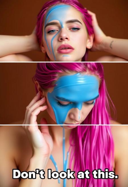 young lady dying hair with plastic paint joke text "don't look at this"  in panels