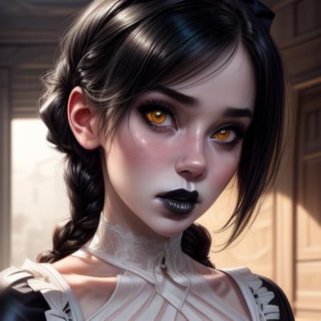 European girl: 1.1, pale white skin, black lipstick, yellow eyes, extremely detailed face,short braided hair