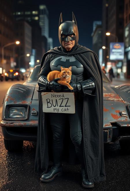 Closeup of old 77 year old Batman in worn out batman bodysuit and ripped worn cape standing and holding chubby cat in front of his rusted and worn Batmobile holding sign "need BUZZ to feed my cat", night, wet asphalt, Gotham city in background