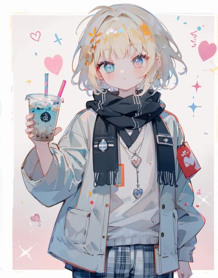 azhiichigo style，big eyes, thick lines, cute,,1boy, argyle, bangs, blonde hair, blue eyes, blunt bangs, border, bubble tea, checkered, checkered background, checkered kimono, checkered legwear, checkered scarf, checkered shirt, checkered skirt, cup, diffraction spikes, eyebrows visible through hair, gradient, gradient background, heart, heterochromia, holding, jacket, long sleeves, male focus, outside border, pink background, plaid, plaid background, plaid bikini, plaid dress, plaid jacket, plaid pants, plaid scarf, plaid shirt, scarf, short hair, signature, solo, sparkle, sparkle background, unmoving pattern, upper body, white border, looking at viewer, simple background, shirt, closed mouth, flower, hand up, black shirt, holding cup, drinking straw, grey jacket,
Negative prompt: (glasses:1.3),(worst quality, low quality:2), (extra arms:1.2), lowres, bad anatomy, (inaccurate limb:1.2), bad hands, error, missing fingers, inaccurate eyes, extra digit, fewer digits, cropped, normal quality, grossproportions, deformed, extra fingers, fewer fingers, censored, bad composition, blurry eyes.