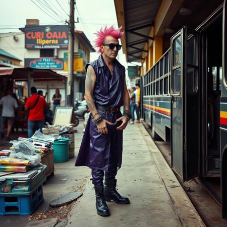 score_9, score_8_up, score_7_up, latin american city, dirty street, street stalls, flea market, old bus station, people waiting for the bus, A tall punk man 50years old white skin pink punk hairstyle using a purple sleeveless vinyl trench coat purple vinyl pants black boots hanging chain spiked wristbands spiked collar purple sunglasses waiting for the bus
