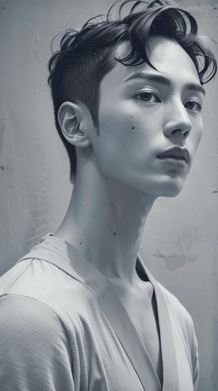 1 man, korean, RAW photo, (best quality), (photo-realistic:1.4), (masterpiece), highres, korea male_model, side view , expressionless , good_shoulder, fashion_model, model_pose, (black male perm hair) , ((close-up)) , (greyscale:2.0), (dark:1.6), ((handsome)), (wearing white shirts) , (black background:1.6), soft_lightning, Nikon D7500 DSLR Camera, , film grain, prettyboy, <lora:prettyBoy_:0.1>, <lora:Korean Male Model 1.0:0.8>