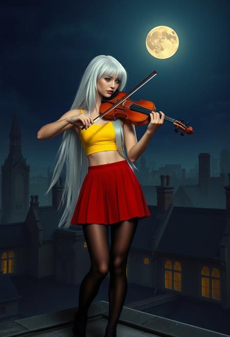 a woman with long white hair wearing a yellow sports bra, red pleated mini skirt and black stockings stands on a rooftop playing a violin, gothic rooftops, full moon, bright moonlit scene