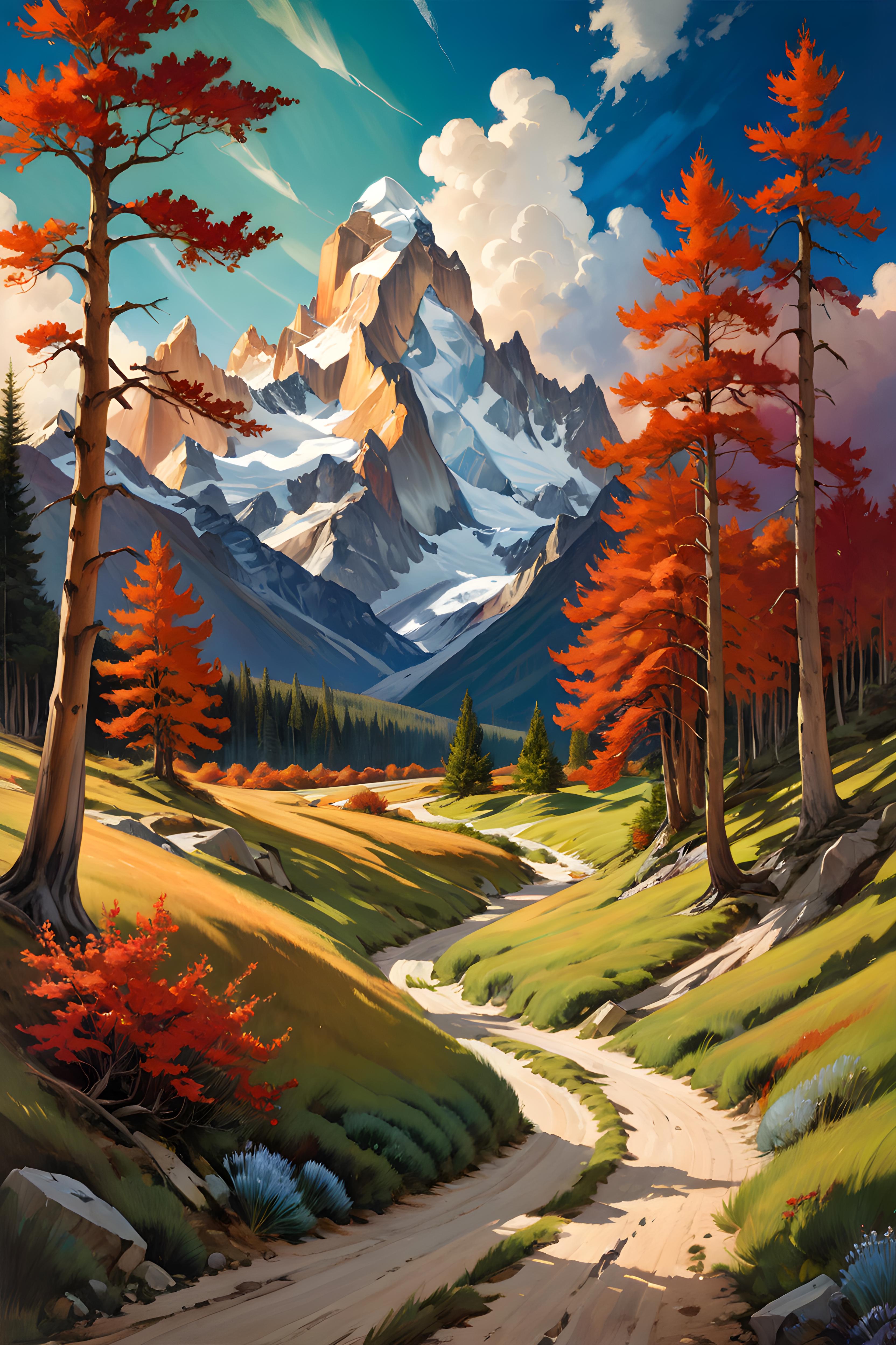 A Painting of a Path Through a Forest with Snow-Capped Mountains in the Background