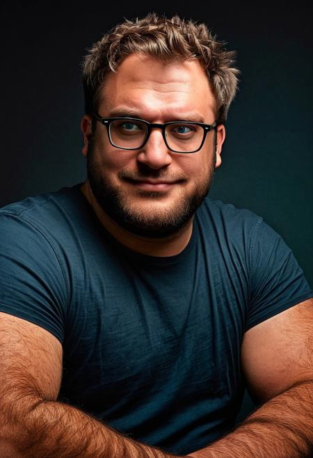 ((cinematic hazey atmosphere, romantic movie, romance film, arthouse film)), ((dark, night nighttime, dark background, shadows)), Tanned chubby 30 year old German man, wearing a black t-shirt and blue jeans, light brown messy hair, glasses, stubble, doublechin, broad face, blue green eyes, big fat arms, big neck, big belly, (nerd, programmer, coder), gentle smile, (sitting in dark office at night while programming on a high-tech computer),