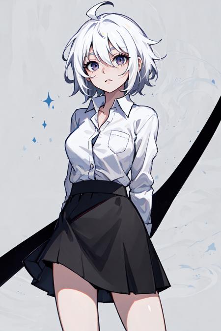 ((masterpiece, best quality)), (1girl), (solo), (female focus), (ahoge, white hair, short hair), black eyes, ((white shirt), (buttoned shirt)), ((black skirt), (short skirt)), standing, white background, arms behind back