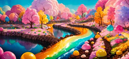 (Masterpiece, best quality:1.3), highly detailed, fantasy, chibi, hyperrealistic, [photoreal:0.3], <lora:Candyland-10:0.85>, 8k, candyland, dynamic, no humans, solo, faux traditional media, illustration, (honey river, honey, river), center frills, heels, (shiny),  (details), perfect, beautiful, dreamy, heart, colorful, vivid, cinematic, pinup:0.2, ultra-detailed, full background, [hyperrealistic:0.2], fantasy, (depth of field), rainbow, syrup, cookie, macaron, chocolate bar, glitter, scenery, drizzle, beautiful, (shiny:1.2), various colors, [tilt shift], ((extremely detailed)), (gradients), dripping, (glaze), bloom:0.2, shadow, ((food focus)), focus face, sharp focus, beads