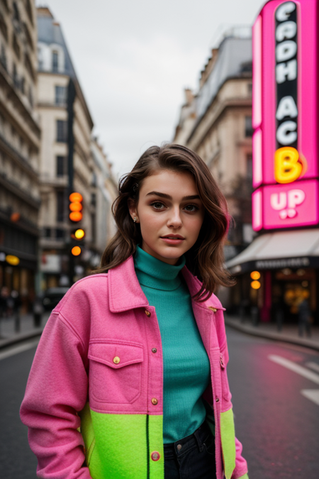 PaigeBonvallet2, (upper body, woman with a necklace with a neon sign in the background, ((pink plaid wool jacket, neon green turtleneck, statement jewelry)), makeup, character album cover, psychedelia style, joy, promotional photoshoot, Vogue magazine cover style, promotional render, center parted curtain bangs), Paris street background