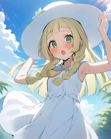 lillie \(pokemon\), 1girl,sun hat,blue ribbon,blonde hair, long hair,twin braids,blunt bangs,green eyes,bare arms,sleeveless dress, collared dress,sun dress