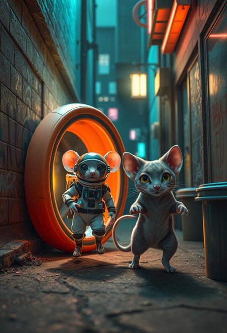 Two tiny mice, dressed in high-tech, advanced spacesuits with glowing visors and futuristic gadgets, are stepping out of a small, sleek alien spacecraft. Their faces are lit with excitement and wonder as they eagerly anticipate meeting Earth's inhabitants. However, they’ve mistakenly landed in a gritty, dimly lit urban alleyway with a few neon signs casting light . The walls are covered in graffiti, and trash bins line the narrow space. Emerging from the shadows, an alley cat with a muscular physique, sleek fur and piercing gold and green eyes is poised to pounce, toward the unsuspecting mice. The scene is illuminated by a flickering streetlight neon and neon signs, casting eerie shadows across the alley., architecture, fashion, poster, 3d render