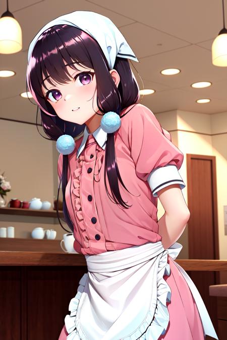 (masterpiece, best quality, absurdres:1.2), MaikaSaku, <lora:Maika5:0.8>, dynamic pose, looking at viewer, (indoors, cafe) arms behind back, front view, frills, white gloves, pink uniform, puffy short sleeves, waist apron, white apron, pink shirt, frilled apron, head scarf