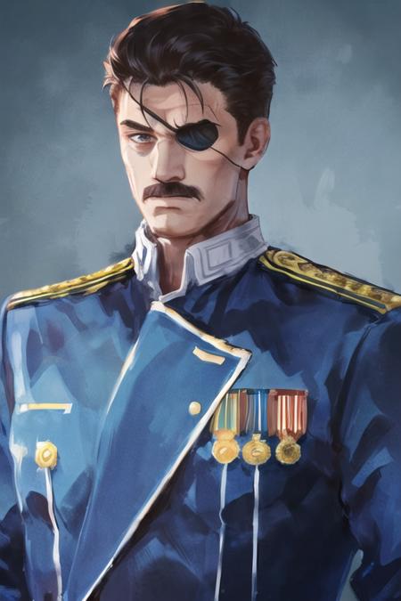 (upper body:1.3), 1boy, <lora:Chara_king_bradley:0.9>, military uniform, blue coat, sword, eyepatch