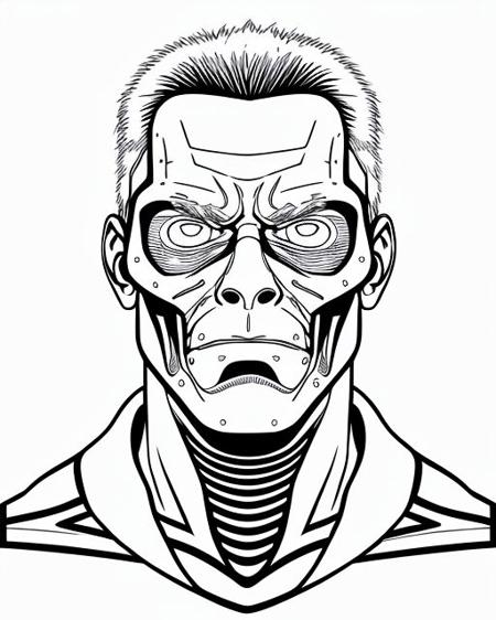 a clean line drawing of  The Terminator ,  (white background:1.3), b&w,  art by  coloring-book-style