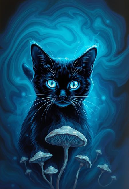 Highly detailed glowing blue ethereal ghost like black cat with glowing white eyes.  Swirling background composed of rich blues, teals, and purples, suggesting a mystical or cosmic environment. The backdrop appears almost liquid, with the colors merging and flowing into one another, creating a dreamlike, ethereal atmosphere. Below the cat, abstract, mushroom-like forms and organic shapes emerge, enhancing the otherworldly feel of the image. The cat’s bright, piercing eyes draw attention, making it the focal point of this enchanting and mysterious scene, as if it exists within a magical or alternate dimension.