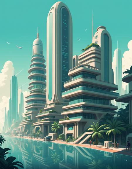 breathtaking (Vector image:1.3) of (Illustration:1.3) <lora:FF_Style_-_James_v2164:1> James Gilleard Style, James Gilleard art,James Gilleard illustrations, James Gilleard, a futuristic city with buildings and a river, in style of james gilleard, inspired by James Gilleard, low detailed digital painting, james gilleard artwork, urban concept art, by James Gilleard, in a tropical and dystopic city, detailed digital concept art, very coherent stylized artwork, inspired by Mike Winkelmann, in style of digital illustration,(Flat style:1.3),Illustration,Behance . award-winning, professional, highly detailed