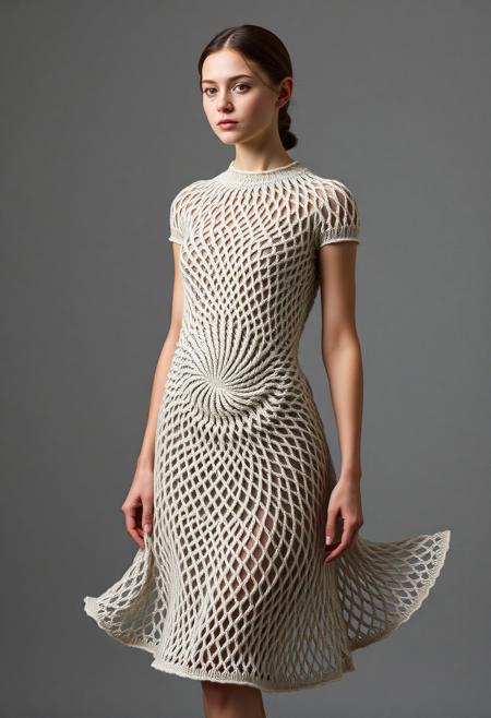 (nubile young woman:1.3), wearing (dress formed from a single intricate spirograph design:1.6), (knitted spiral structure:1.5), (dense central pattern:1.4), (lighter, breathable edges:1.3), (graceful curves in spiral knitting:1.3), (smooth fabric flow:1.2), (dynamic symmetry across the dress), (layered spiral complexity), (highlighted edges with subtle sheen:1.1), (minimal accessories), (elegant gallery setting), (light wind effect on fabric movement), (refined texture:1.3), (bulky or awkward structure:-1.4), (grayish tones:-1.2), (rough edges:-1.2), (photorealism:-1.5), (disproportionate anatomy:-1.3), (blurry elements:-1.2), (oversaturated highlights:-1.2)