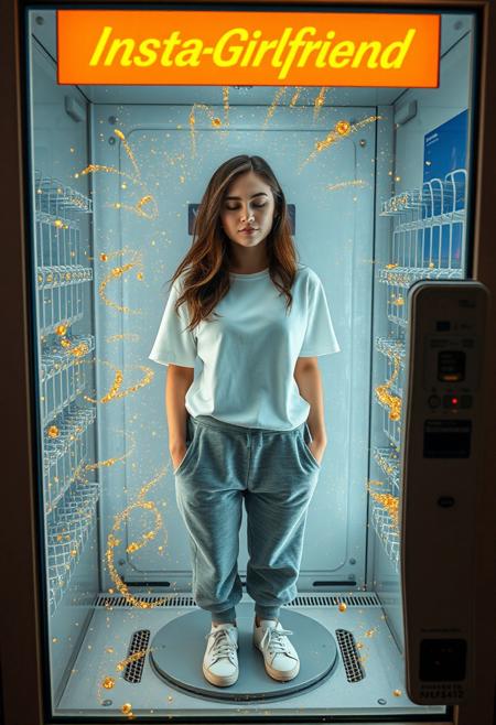 inside the vending machine a 23 year old cute gamine woman in grey sweat pants and white t-shirt and white tennis shoes. behind a pane of glass, facing viewer, eyes closed, a look of serenity on her face, light natural makeup, medium breasts. Many golden and blue particles of light revolve around the woman, teleportation,  standing on a small circular platform, particles of golden light swirl around the woman, the vending machine is has a sign:"Insta-Girlfriend"