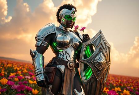 Videogame unreal engine 4 render image of a tall large bodybuilding buff muscular sexy hot black female soldier from the year 2150, cool sexy futuristic military character design, she has short curly hair, green eyes, green lipstick, she is tall and large and has huge breasts and muscles, she is wearing full body chrome military armor that's inspired by gladiators from Rome, including a roman gladiator helmet with a green transparent eye visor, the armor is chrome eith green LED embedded in it, her chrome armor is showing signs of damage and degradation, bullet marks, scratches amd grime, she is also wearing brown military and ammo pouches on her legs and belt, she is standing in a field of colorful flower, holding a smelling a flower in her right hand, she has is a large chrome shield with LED green lights attached to her left arm, bullet belt, vast sky, majestic clouds, warm sunlight, cozy, epic pose.