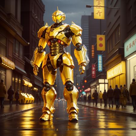 a (yellow glaze, transparent:1.1) armored robot, (solo:1.2), standing in street, <lora:colouredglazecd-000006:0.7>, colouredglazecd, no humans, high quality, masterpiece, realistic, photorealistic, long-focus, (outdoors, cityscape)