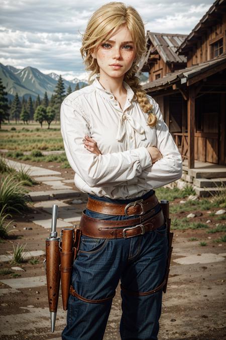 SadieRDR, solo, 1girl, crossed arms, gun, blonde hair, pants, weapon, belt, shirt, realistic, long hair, holster, blurry background, blurry, handgun, braid, white shirt, denim, jeans, freckles, outdoors, looking at viewer, cowboy shot, revolver
<lora:epi_noiseoffset2:1>,   <lora:SadieRDR:0.7>