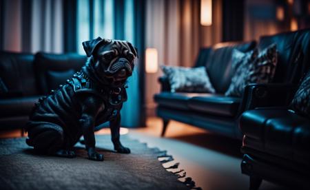 close portrait of a cute (black pug:1.1) in a cyberpunk living room