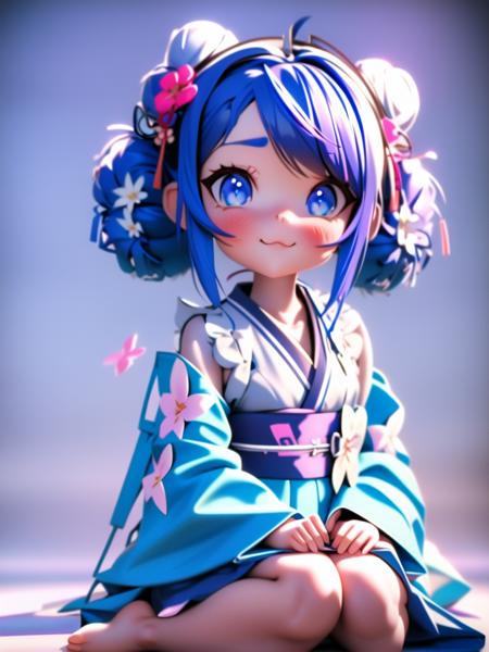 pixar,1girl,solo,blue eyes,flower,blue hair,sitting,hair ornament,japanese clothes,looking at viewer,kimono,blue background,hair flower,double bun,sash,gradient,full body,white flower,gradient background,hair bun,no pupils,long sleeves,3d,c4d,