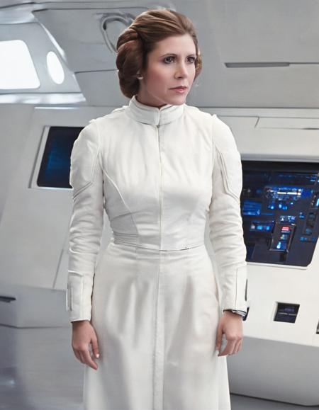 photo of skswoman, skswoman, 1girl, solo, lips, white dress, ship horns, realistic, background spaceship, professional, 4k, highly detailed <lora:Princess Leia:1.2>