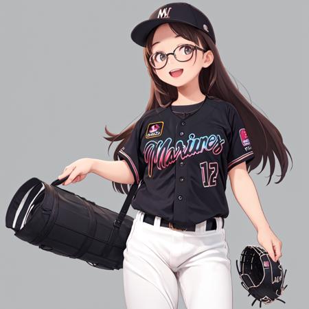 best quality, ultra-detailed, illustration,
1girl, solo, glasses, black hair, long hair, looking at viewer, happy, laughing, standing,
BSW2023, baseball uniform, black shirt, gray background, simple background, baseball cap, white pants, 
<lora:Chiba_Lotte_Marines_BSW2023_Uniform_SD15_V1:0.8>