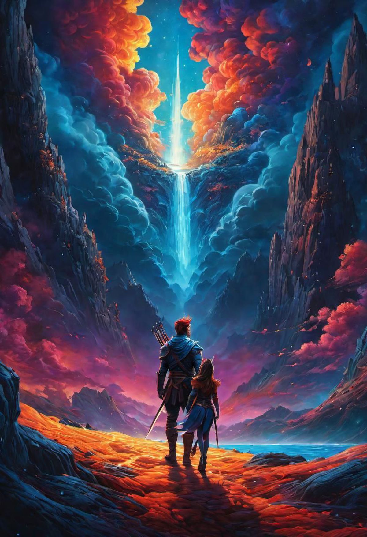A fantasy painting of a man and a woman standing in front of a waterfall.