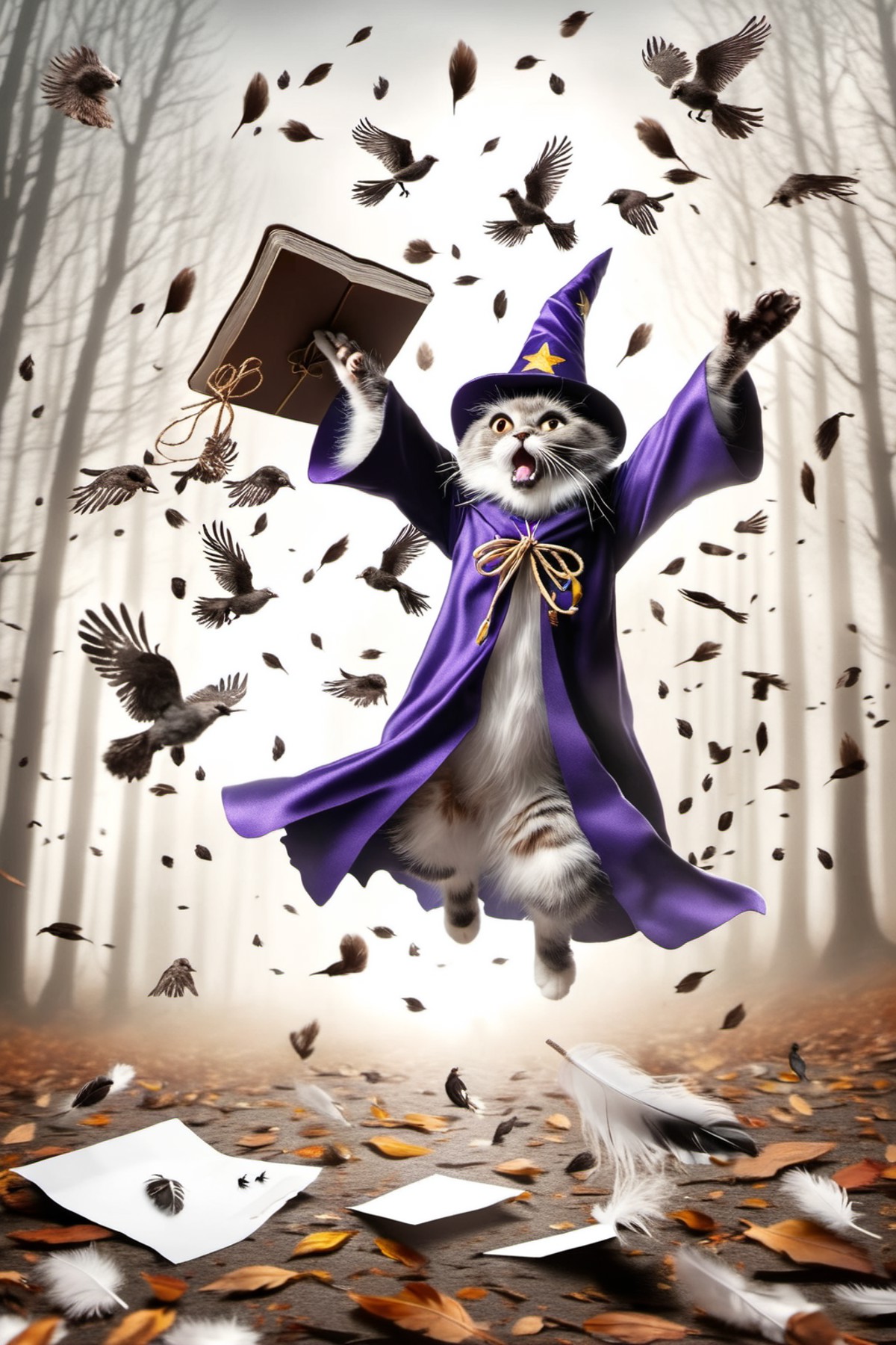 Photo of Cat wizard jumping over the air, waving a wand. Paper and feathers fly everywhere and dead birds on the ground