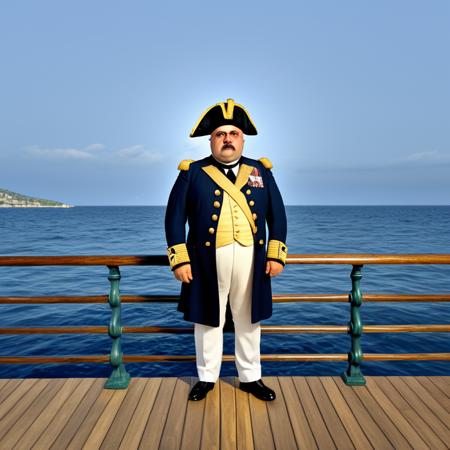 Full body in frame, from head to toe, wide angle view from side, distant camera, long shot, wide shot.Full body in frame, from head to toe, wide angle view, distant camera, long shot, wide shot.  
A fat middle-aged Turkish-German man standing confidently on the deck of a large wooden battle ship, at sea.  
He is wearing a detailed 19th century navy officer uniform with golden epaulettes, a blue coat, brass buttons, and a tricorn hat.  
Strong physical body, musclechub, burly, thick arms and legs, barrel chest.  
Masculine square face, big nose, thick eyebrows, broad chin.  Background is sea.
Realistic lighting, moonlight, 8k, photorealistic, ultra detail, clothes and body details
 <lora:Better_expressionsH:0.6> <lora:detailed_notrigger:0.7> <lora:Walrus_Mustaches:0.6>