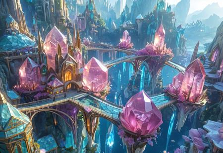 Floating crystal city, fluroite city, aerial view, futuristic cityscape, floating city, large city, busy city, multiple levels,  crystal-like architecture,  tall spires, many tall crystal structures, (crystal towers:1.2), glowing structures, (fluorescent crystal buildings:1.5), floating islands connected by bridges, (crystalline bridges:1.2), (crystal bridges:1.4), (waterfalls with glowing effects:1.2), stylized trees, (pink flowering trees:1.2), digital art, fantasy style, high detail, vibrant lighting, (atmospheric lighting:1.2),  detailed architecture, intricate design, wide-angle shot, (aerial perspective:1.2), (glowing crystal caverns:1.2), serene atmosphere, magical, detailed cityscapes, beautiful, scenic, (detailed crystal formations:1.3), fantasy city,  detailed landscape, vibrant colors,  detailed textures,  digital painting,  fantasy art,  (floating island design:1.2), (city architecture:1.3),  (mountain ranges:1.1),  (green valleys:1.1), (sunset:1.2),  (vibrant color palette:1.2), 8k resolution,  epic scale, landscape painting,  detailed city environment,  floating islands,  floating city, composition, scenic view, (ethereal:1.5), gorgeous, masterpiece, crystal, fluorite, (art nouveau style architecture:1.5).