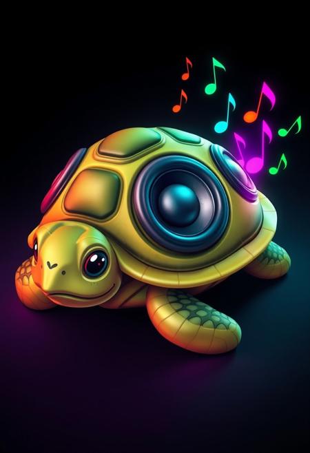 A cute turtle with subwoofers on it's shell, colorful music notes can be seen coming from the subwoofers