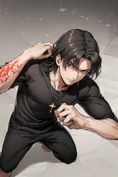 (masterpiece, best quality, detailed), 1boy, male focus, muscular,
indoors, from above, looking at viewer, serious, fighting stance, clenched hands, dutch angle,
<lora:KotomineKireiV1:0.7>, kotomine kirei, black shirt, black pants, cross necklace, short sleeves, parted bangs, command spell arm