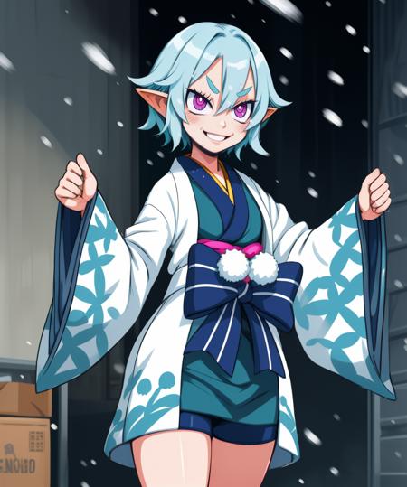 Ao,teal hair,purple eyes,pointy ears,pink eyes,short hair,
white kimono,evil smile,wide sleeves,bike shorts,
standing,arm up,
warehouse,snow,
(insanely detailed, beautiful detailed face, masterpiece, beautiful detailed eyes, best quality),<lora:Ao-10D7:0.9>,