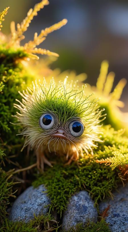 Feathery moss clump with eyes and tiny feet, sprawling on a rock, macro view, straight, sunrise light.